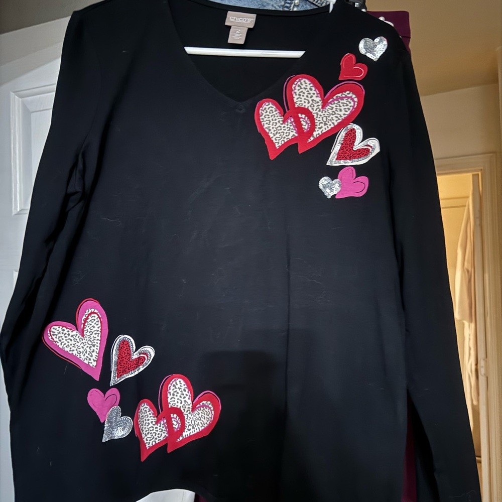 Chico's Black Top with Red and Pink Heart Accents